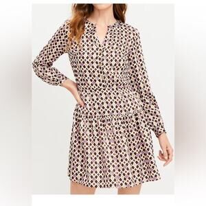 LOFT Brown & Pink Satin Geometric Pattern Long Sleeve Dress w/ Gold Buttons Sz.4